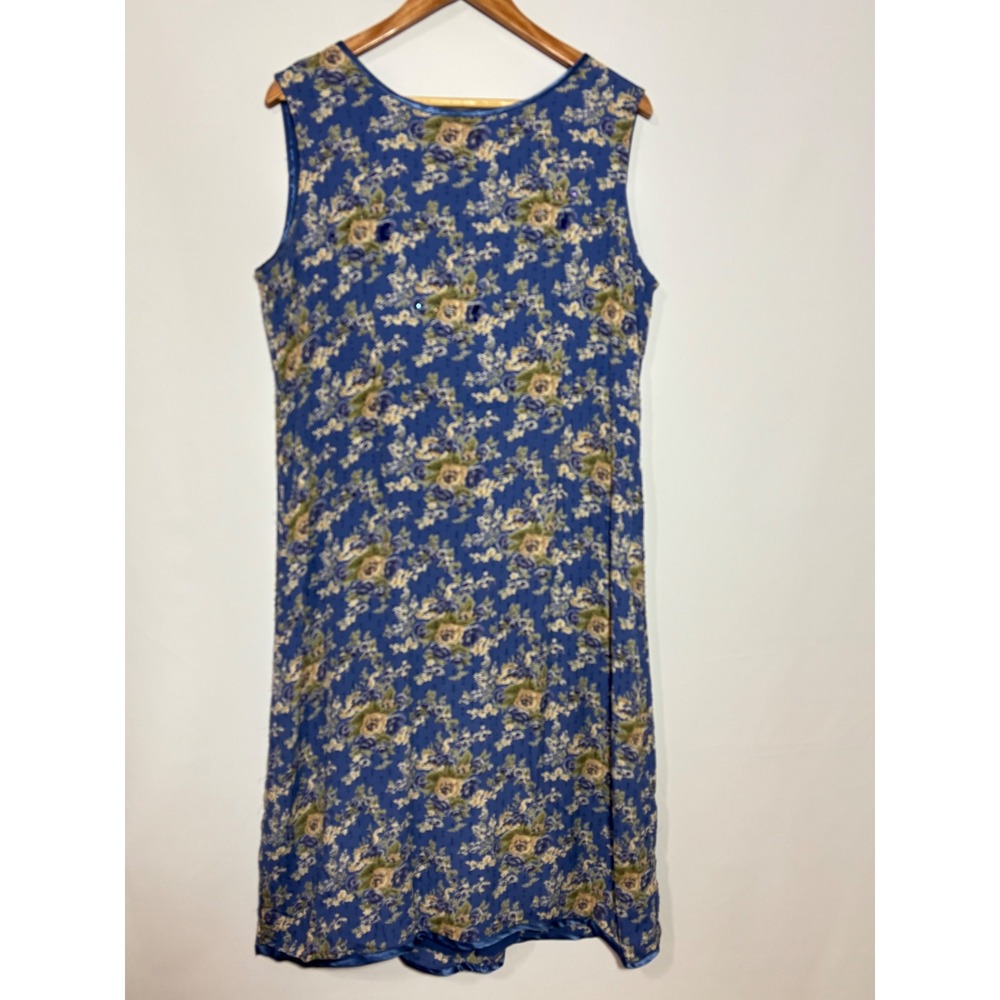 April Cornell Dress Women L Blue Floral Midi Sleeveless Tie Back Beaded Lined